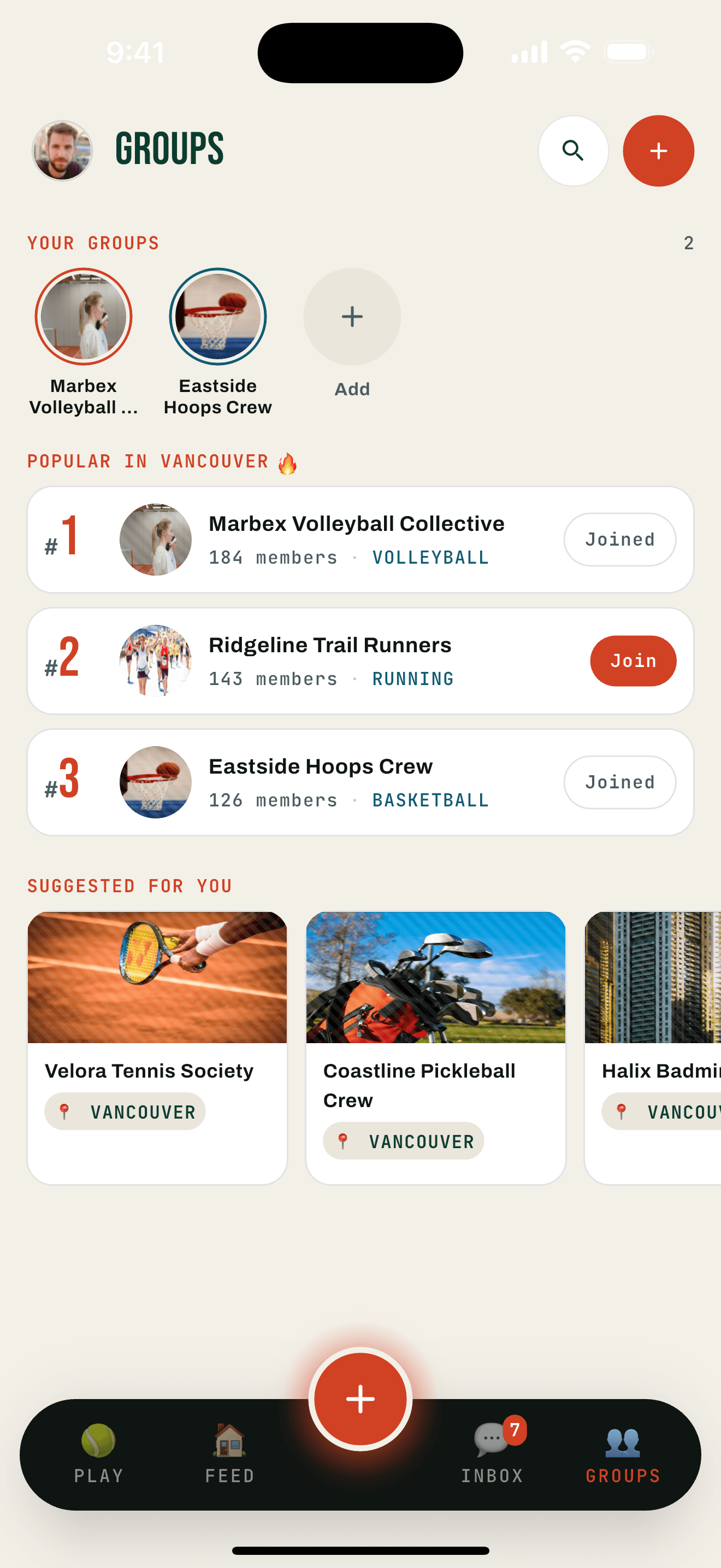 TapNGame community screen showing Vancouver Volleyball and East Van Basketball groups