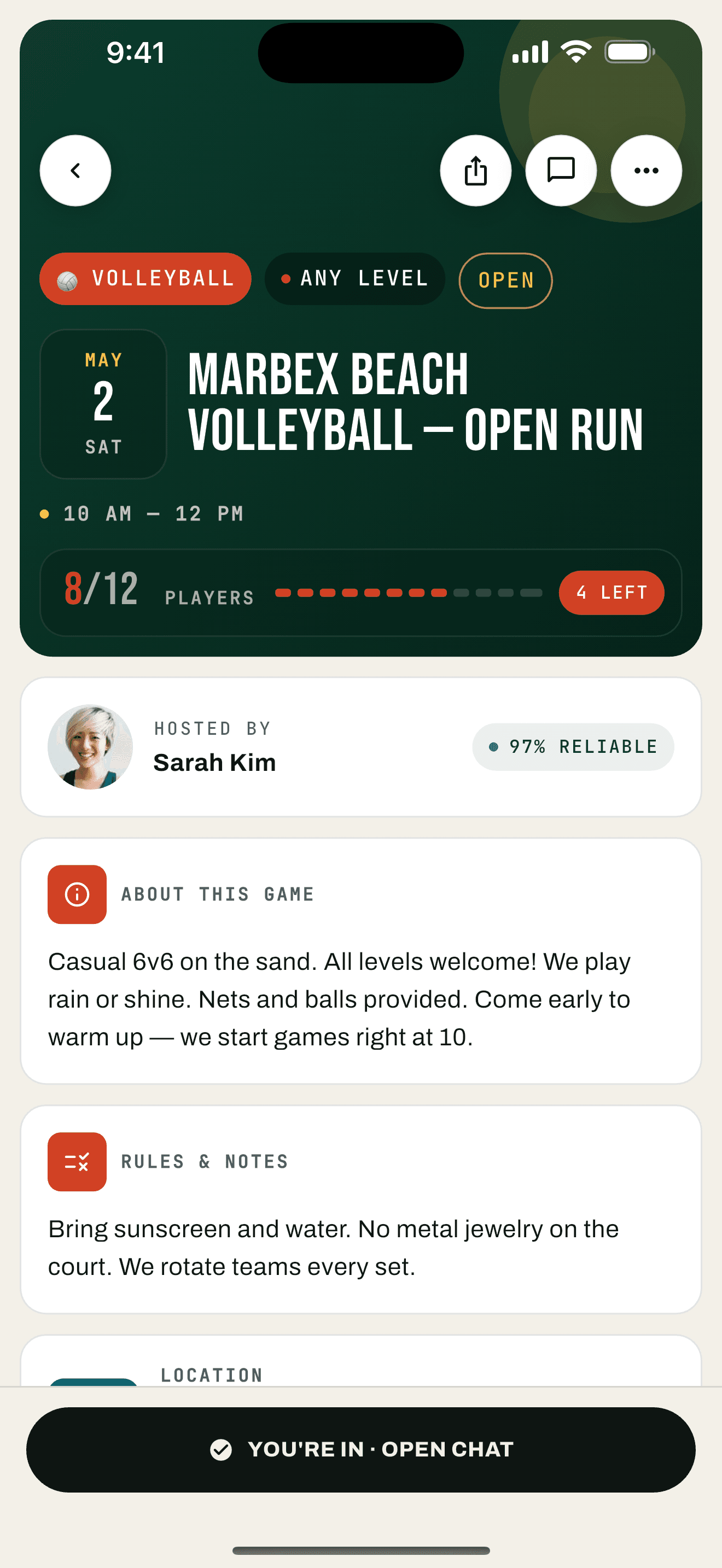 TapNGame game detail showing East Van Basketball Run with player count, skill level, and venue details