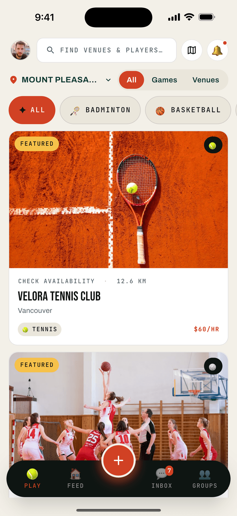 TapNGame app — home screen showing venues and games in Vancouver